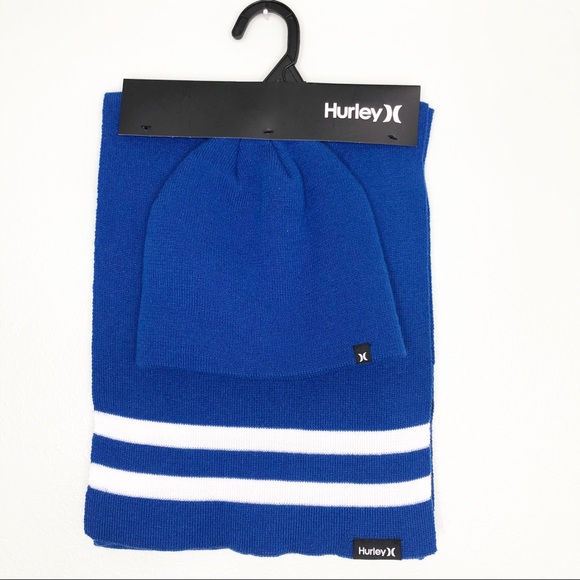 Hurley NEW 2 Piece Mens Winter Hat Beanie Scarf Gift Set Skate Blue White Black - Picture 2 of 9